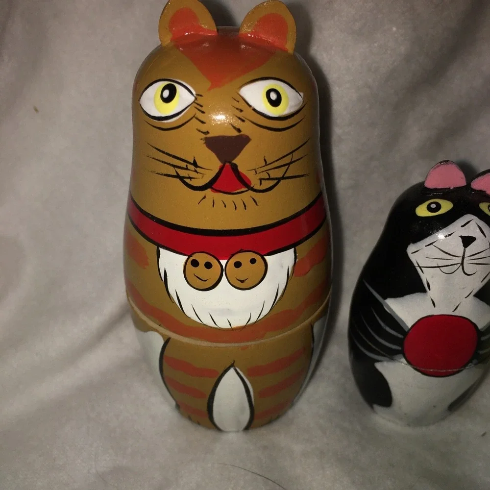 Cats Nesting Dolls Set of 4 Wood Kittens Mouse Russian